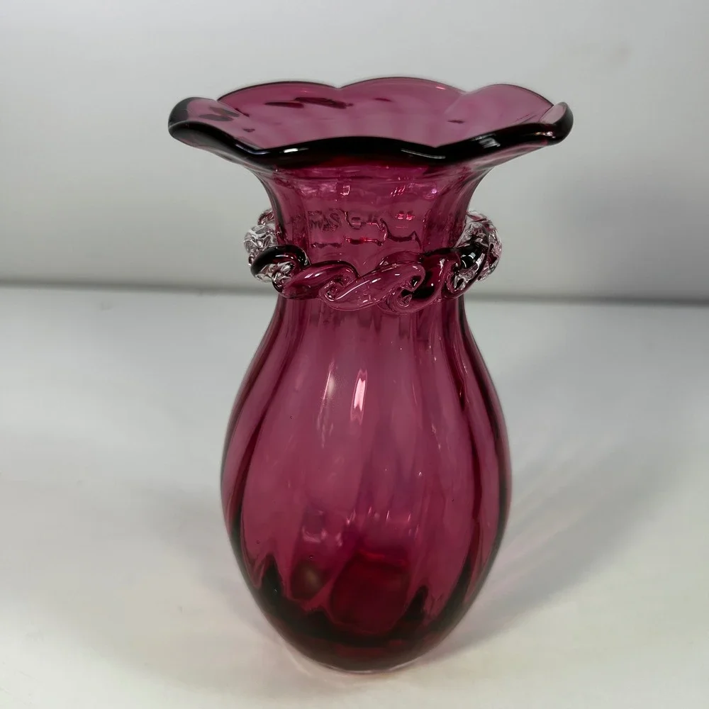 Vintage Cranberry Pink Art Glass Vase Ruffled Rim Clear Rigaree Optic Rib 6.5